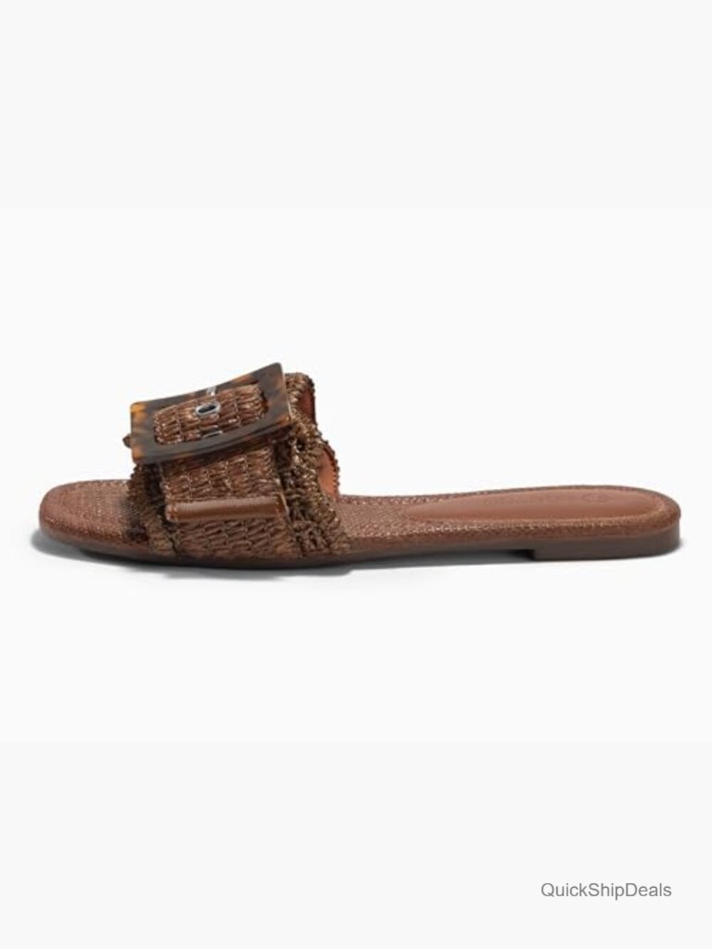 Woven Raffia Flat Sandals with Buckle - Square Open Toe Slide - Picture 4 of 7